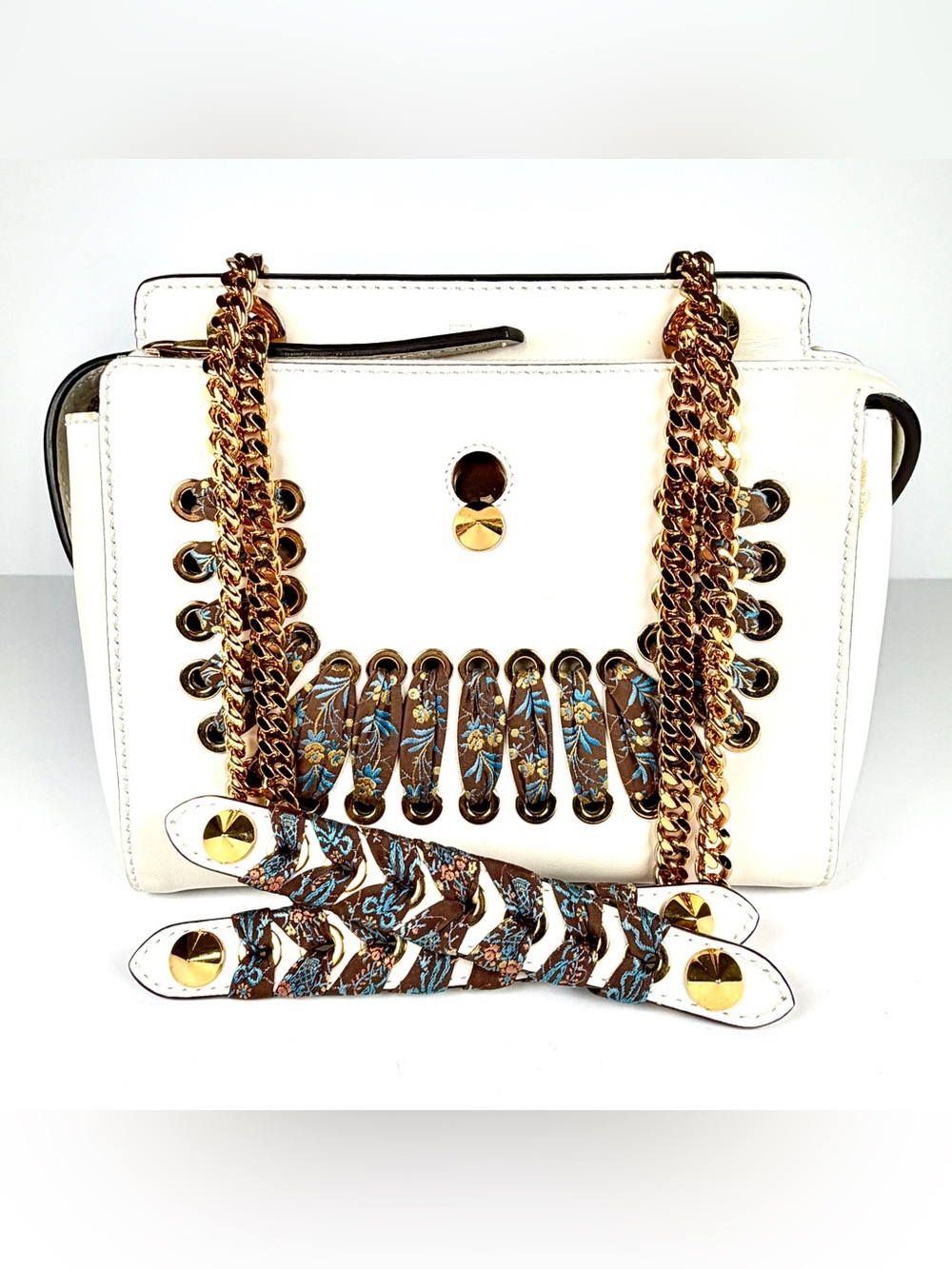 Fendi White Leather & Lace DotCom Chain Shoulder Bag Excellent Full Inclusion - Picture 3 of 15
